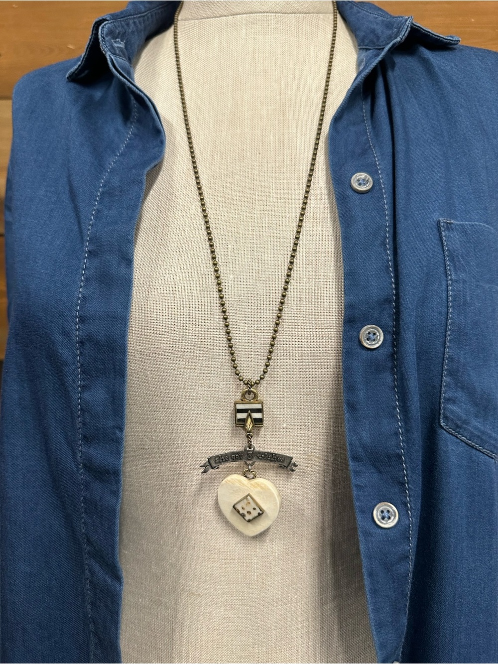 She Got Three Wishes Artisan Heart Pendant Mixed Metal Tone Ball Chain Necklace